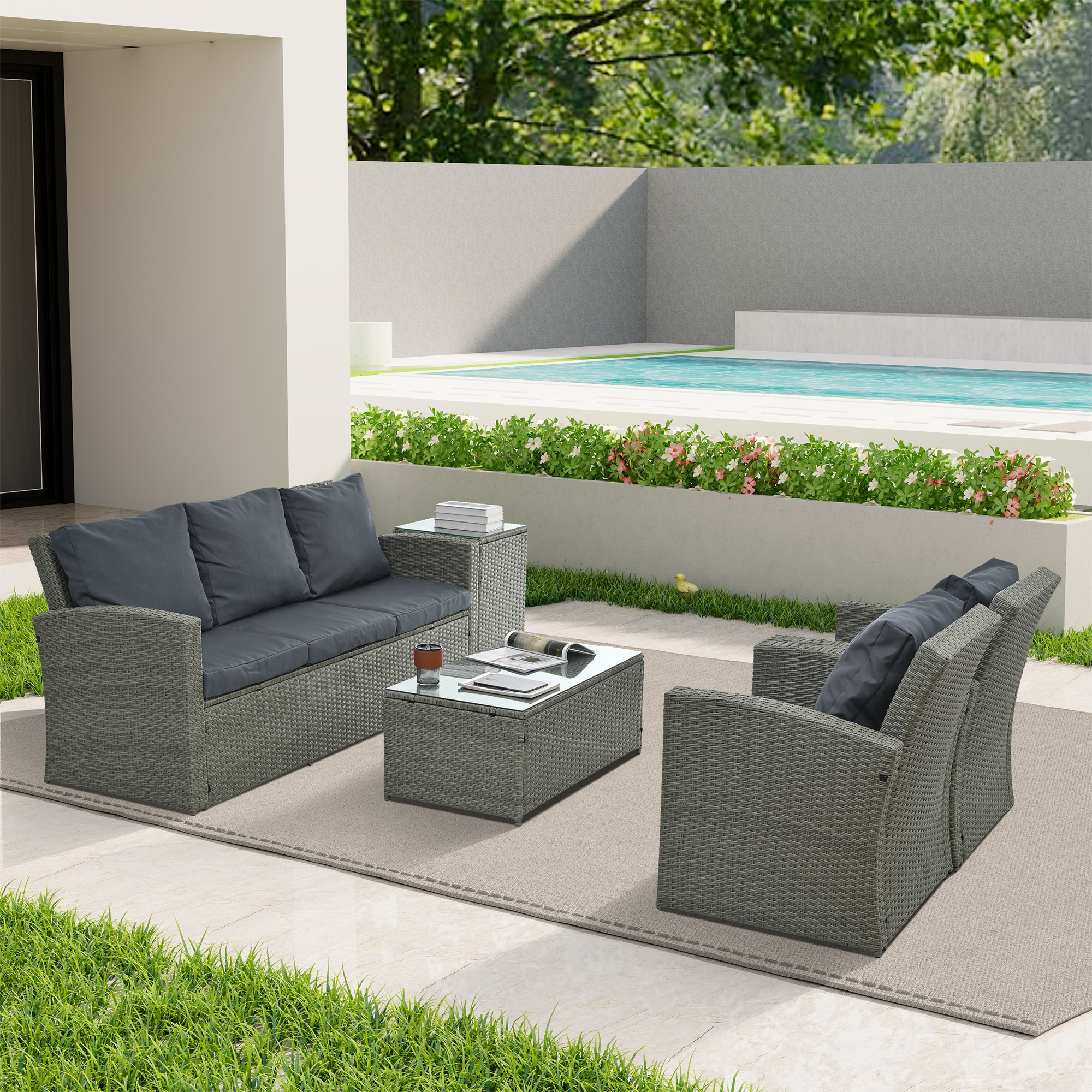 Highsound 5 Pieces Patio Furniture Set, All-Weather PE Rattan Wicker Patio Conversation Set, Cushioned Sofa Set with 2 Glass Tables for Patio Garden Poolside Deck, Gray Cushions - image 2 of 9