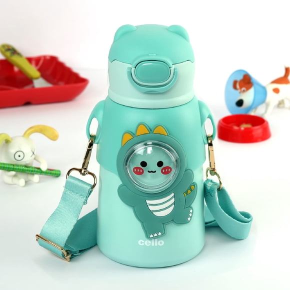 Funz Flasque pour Enfants en Acier Inoxydable Chaude et Froide - 550 ml, Verte / Bouton-Poussoir à un Clic - Grand Bouchon Scellé avec Couvercle Rabattable / Bouteille à Isolation sous Vide à Double Paroi - Étanche, Double Paroi