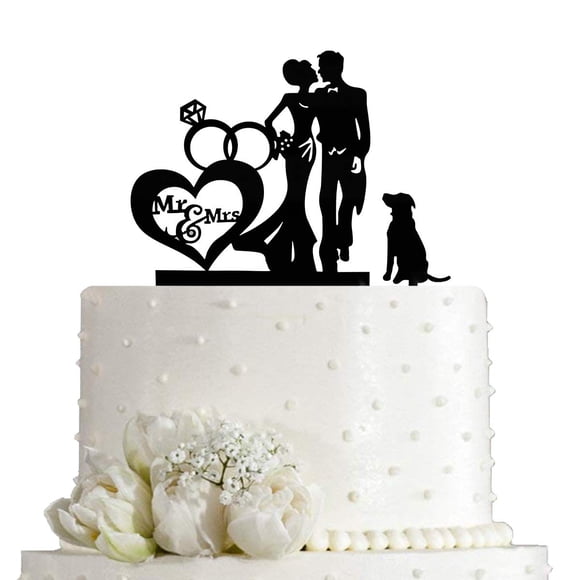 Pareja de bodas beso Mr & Mrs corazón anillo de diamante adorno para pastel novia y novio con silueta de perro adorno para pastel acrílico negro