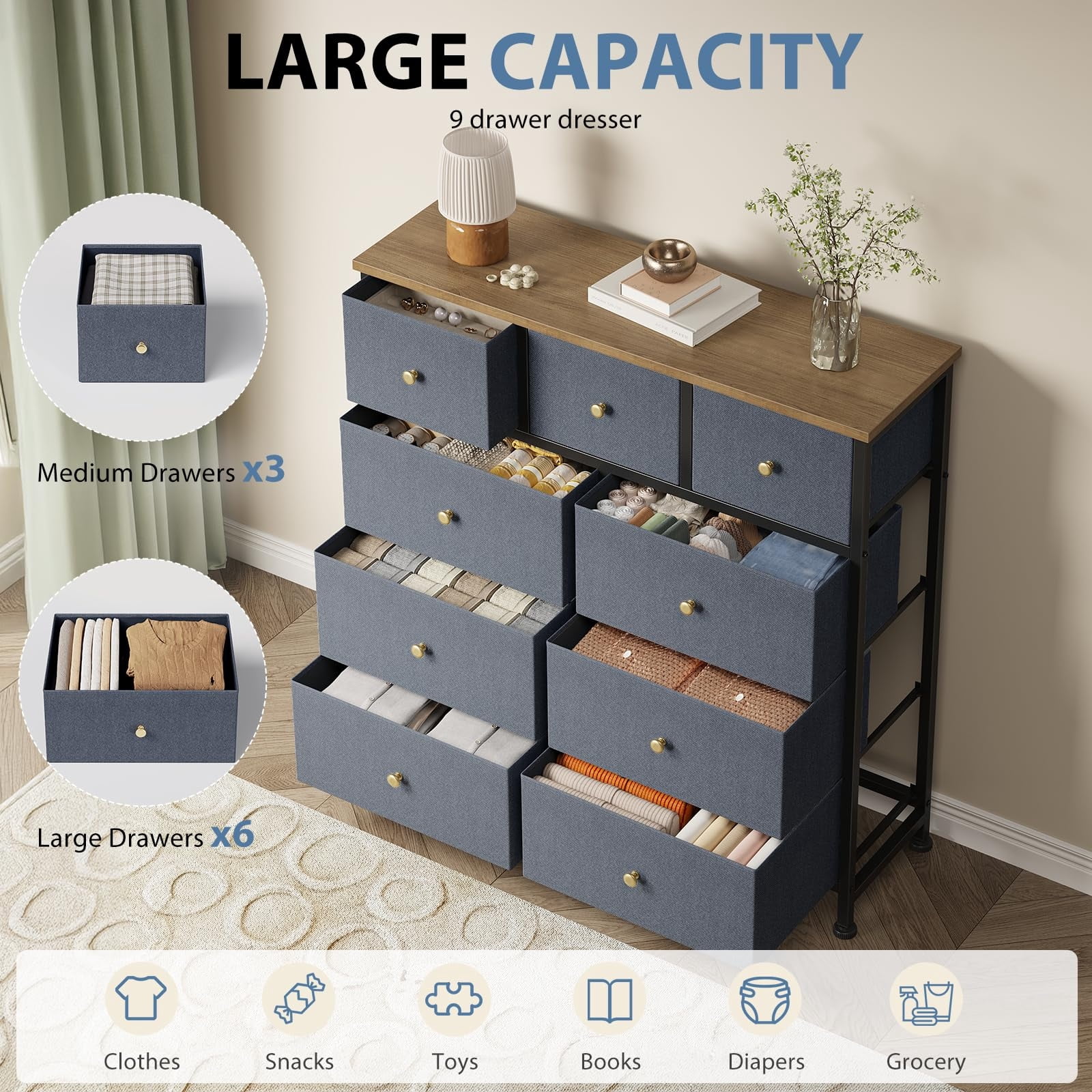 Telyra 9-Drawer Fabric Dresser Tall Storage Tower with Wood Top and Steel Frame Bedroom Closet Organizer, Greyish Blue