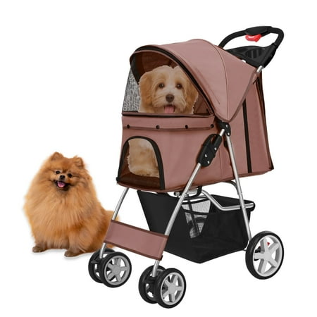 Pet Stroller (Brown) Dog Cat Small Animals Carrier Cage 4 Wheels Folding Flexible Easy to Carry for Jogger Jogging Walking Travel Up to 30 Pounds with Sun Shade Cup Holder Mesh Window