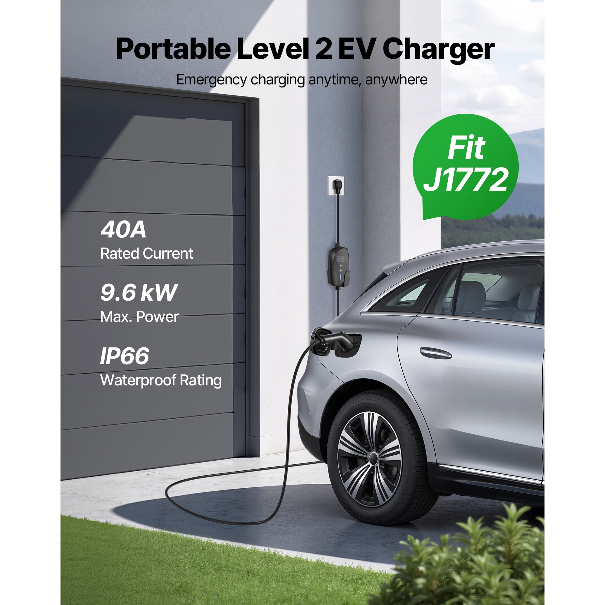 KFFKFF Level 2 EV Charger, 40A Adjustable Current, 240V Portable Electric Vehicle Charger with 25 ft Cable, LCD Screen, NEMA 14-50P Plug, Home Charging Station Compatible with SAE J1772