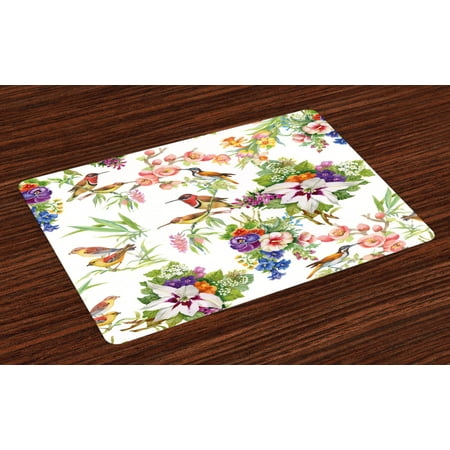 

Floral Placemats Set of 4 Watercolor Wild Exotic Mockingbirds and Spring Flowers Branches Botanical Artwork Washable Fabric Place Mats for Dining Room Kitchen Table Decor Multicolor by Ambesonne