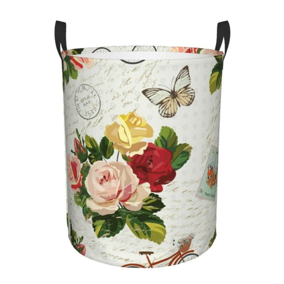 Balery Vintage Bike Flower Butterfly Cesta de ropa redonda con asas, impermeable, independiente, para ropa, juguetes, dormitorio y familia-Small