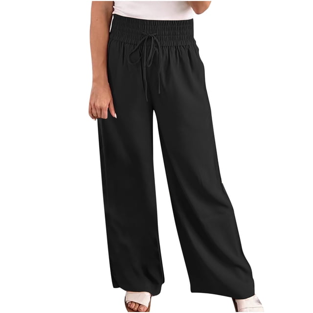Birdeem Fashion Womens Spring and Summer Versatile Wide Leg Tunneled Waist Solid Color Lace Up Wide Leg Pants