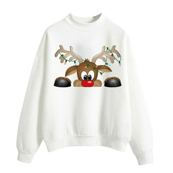 Fiaer Christmas Sweatshirts for Women Cute Graphic Loose Fit Xmas Pullover Crew Neck Long Sleeve Casual Trendy Tops White XL