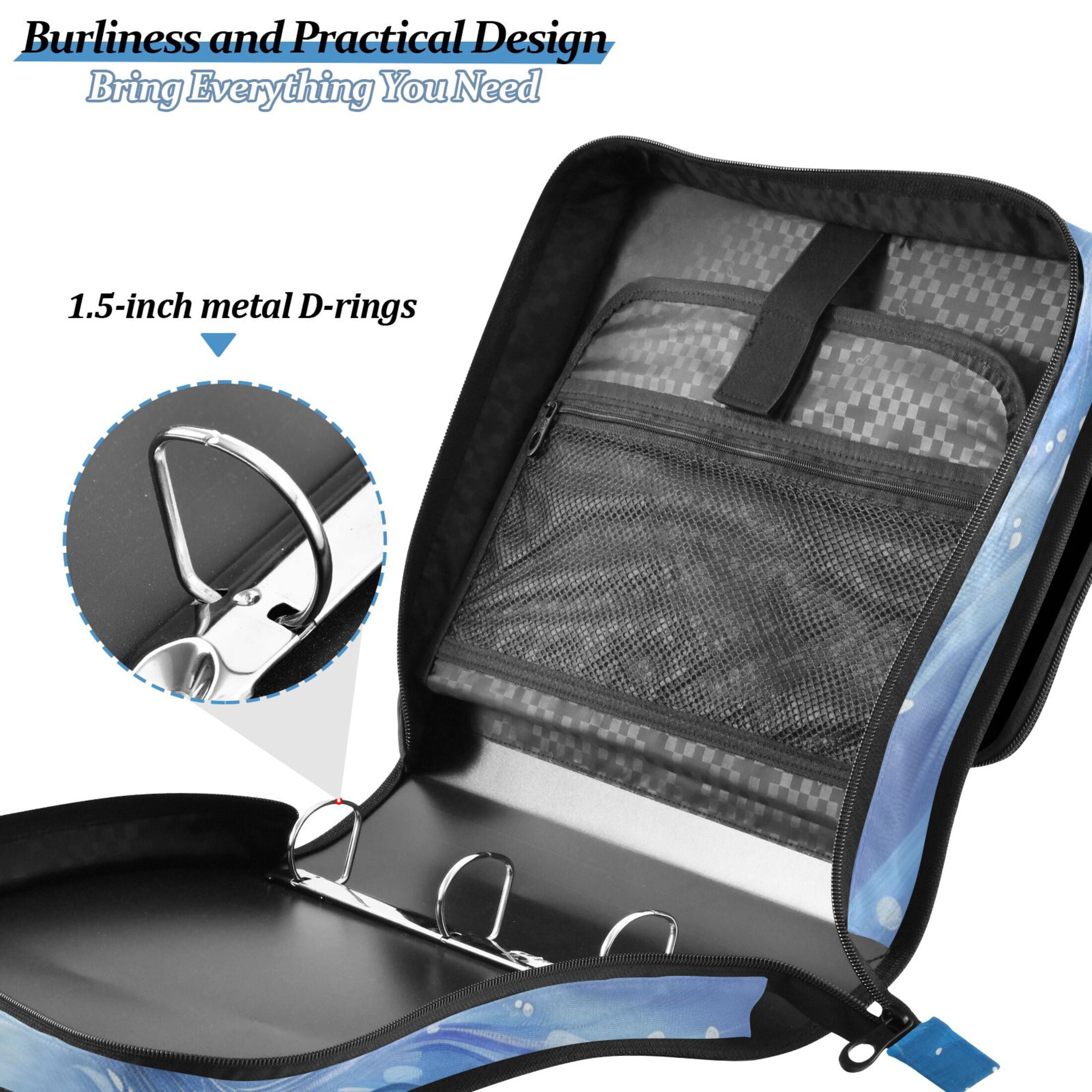 3 Ring Zipper Binder with Shoulder Strap Waterproof Trapper Keeper 2 Inch D-Ring 500 Sheets Capacity White Wolf with Gems