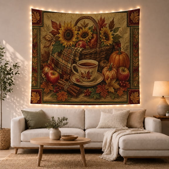 Coffee Cup With Pumpkins and Sunflowers, Cozy Rustic Style for Farmhouse Decor Lovers, Harvest Wall Art, Thanksgiving Hostess Gift, Tapestry Wall Hanging for Kitchen and Entryway