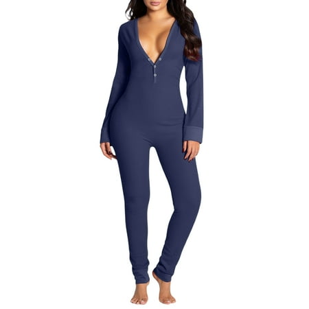 

Women s Romper Sexy Bodysuit Long Sleeve Pajamas Onesies V Neck Sleepwear Stretch Jumpsuit Plaid Print Overalls Button One Piece