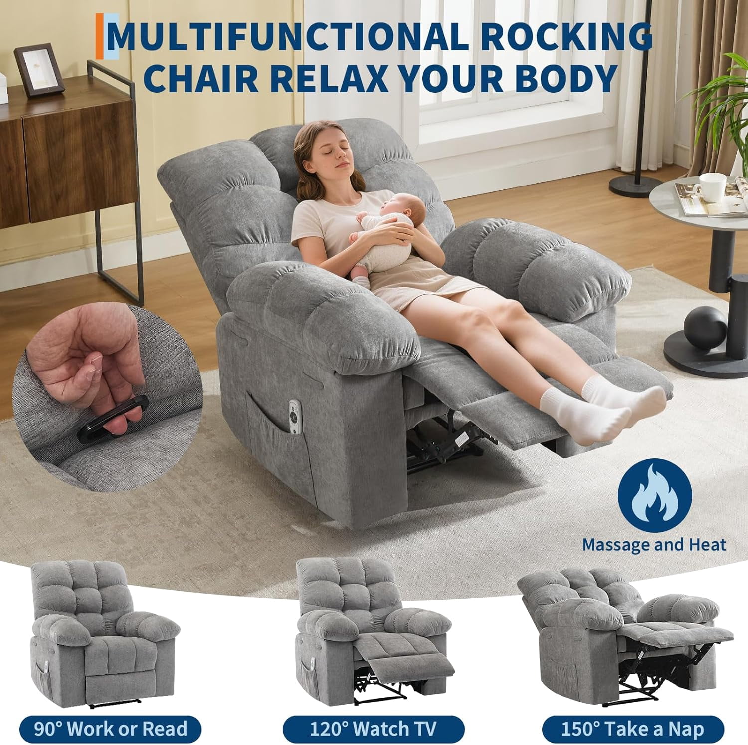 Recliner Chair, Wide Rocker Chair, Rocking Chair with Massage and Heat, Heat Ergonomic Overstuffed Breathable Fabric Reclining Chair with 2 Side Pockets, Remote Control, Living Room, Bedroom