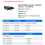 Right Headlight Assembly - Compatible with 2011 - 2013 BMW X5 2012