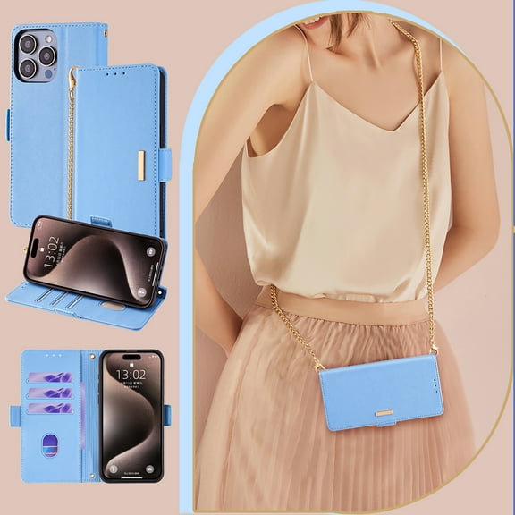 Allytechgroup Wallet Phone Case for Apple iPhone X/ iPhone XS, with Hand Wrist Metal Shoulder Strap Cards Holders RFID Blocking Magnetic Closure Stand Flip Cover for Girls Women, Blue
