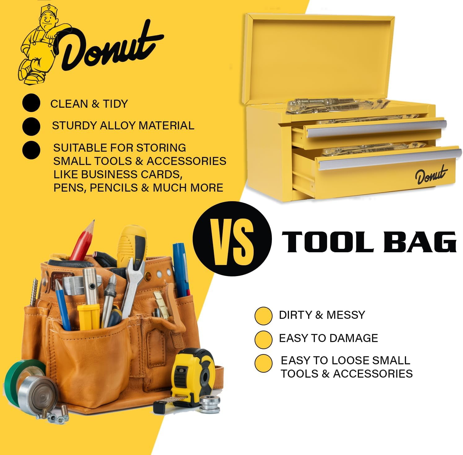 Donut Media Mini Portable Tool Box, 2 Sliding Magnetic Catch Drawers, Top Storage Area, 11" x 6" x 6"