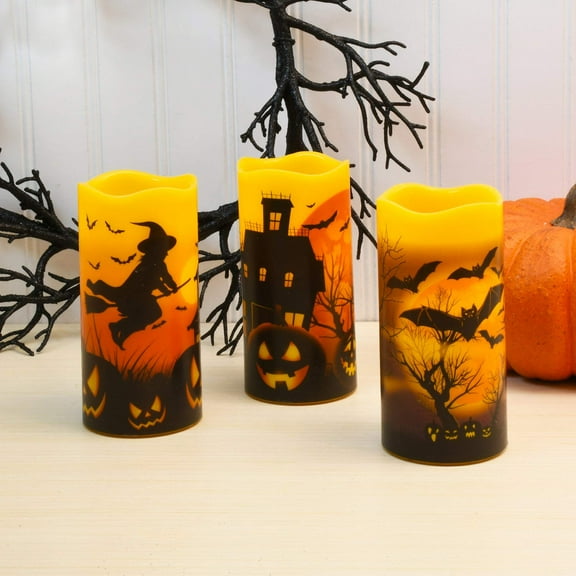 LumaBase Battery Operated LED Wax Candles - Halloween, 3-Pack