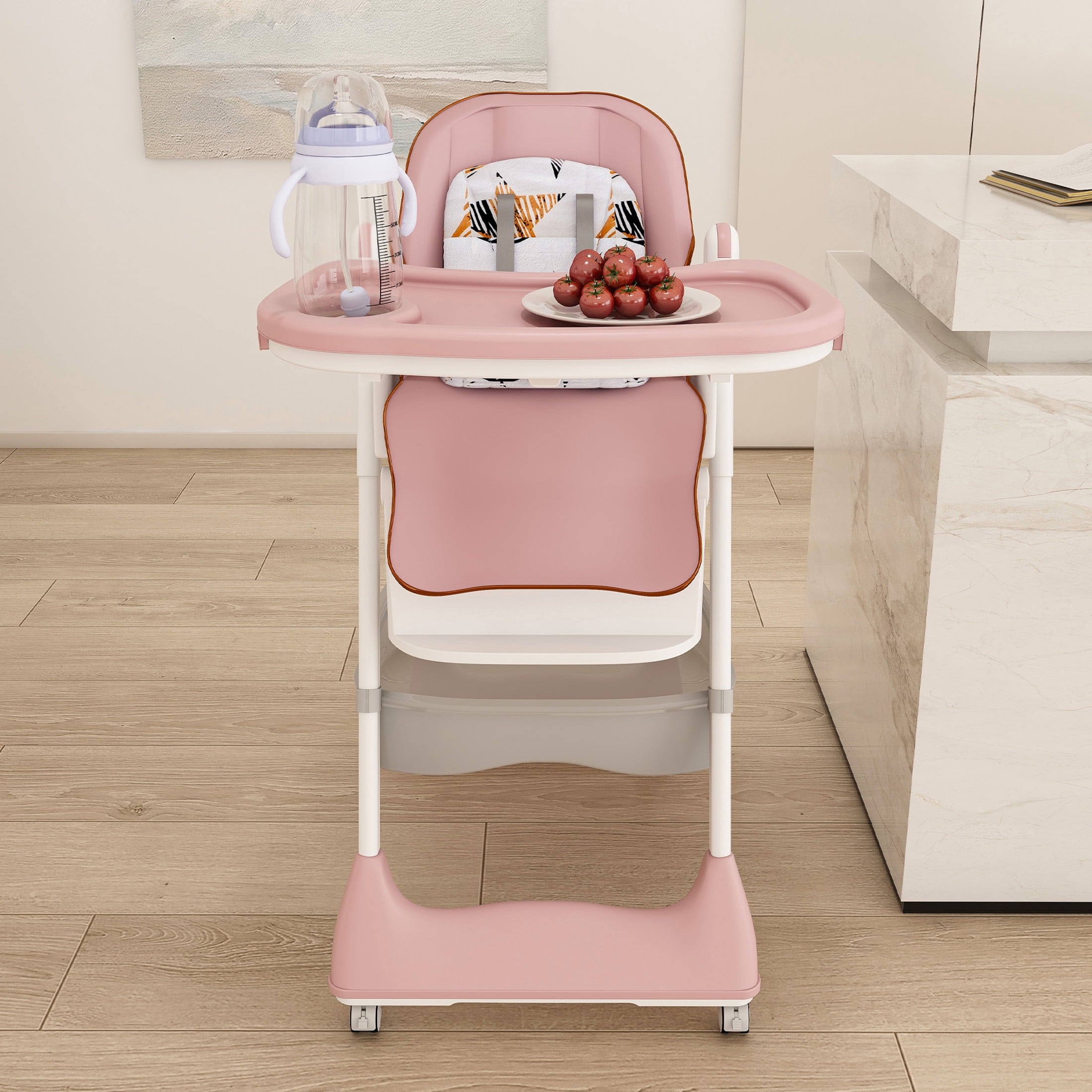 Noble House Adjustable Foldable Baby High Chair with Removable Tray, Harness and Lockable Wheels, Pink
