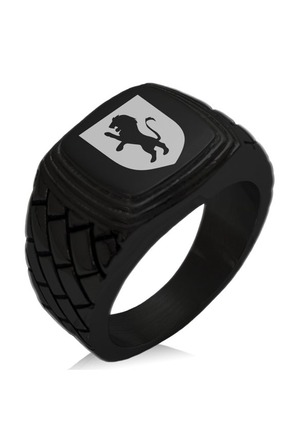 Stainless Steel Lion Courage Coat of Arms Shield Geometric Pattern Step-Down Biker Style Polished Ring