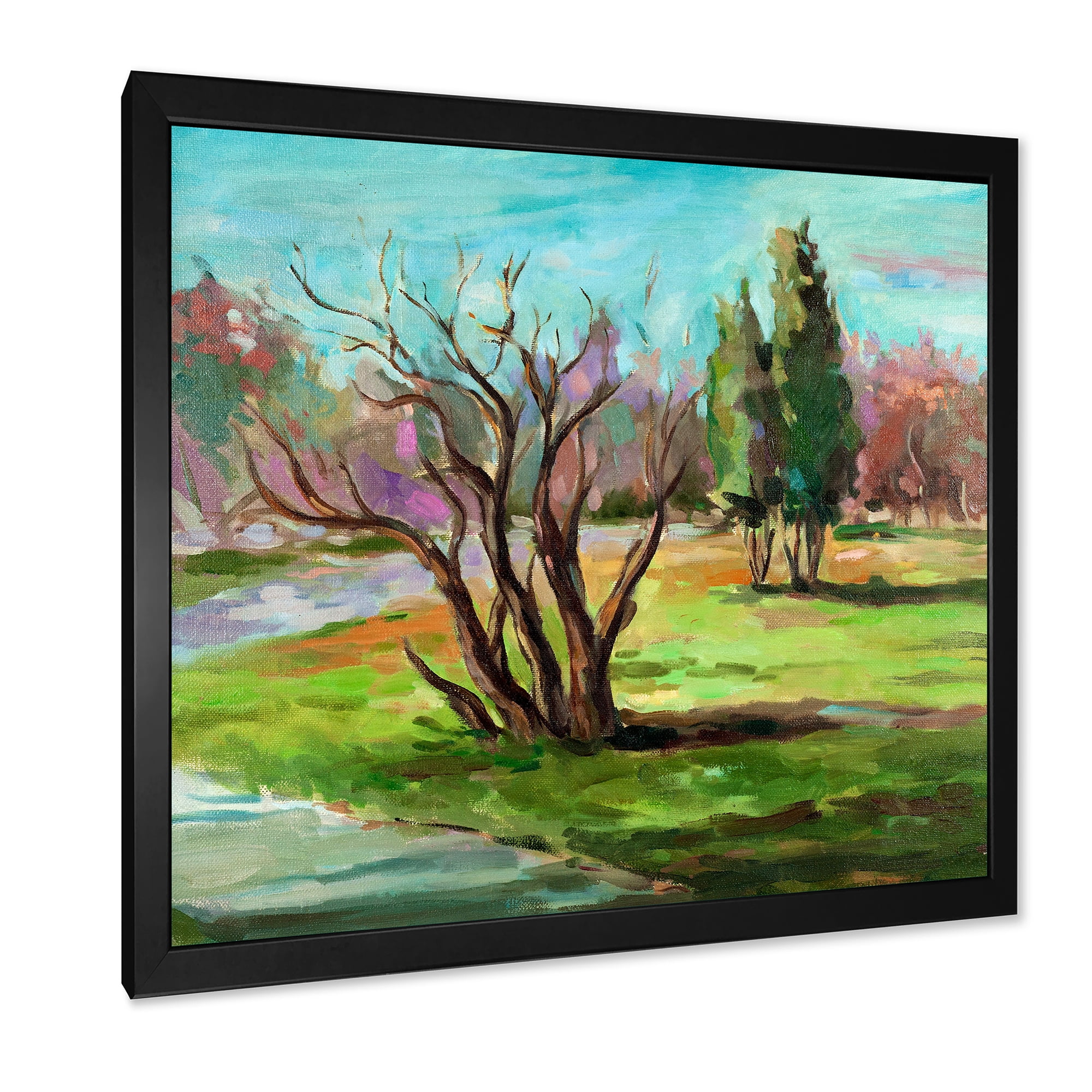 Designart 'Two Distant Trees In A Vibrant Green Landscape' Traditional Framed Art Print