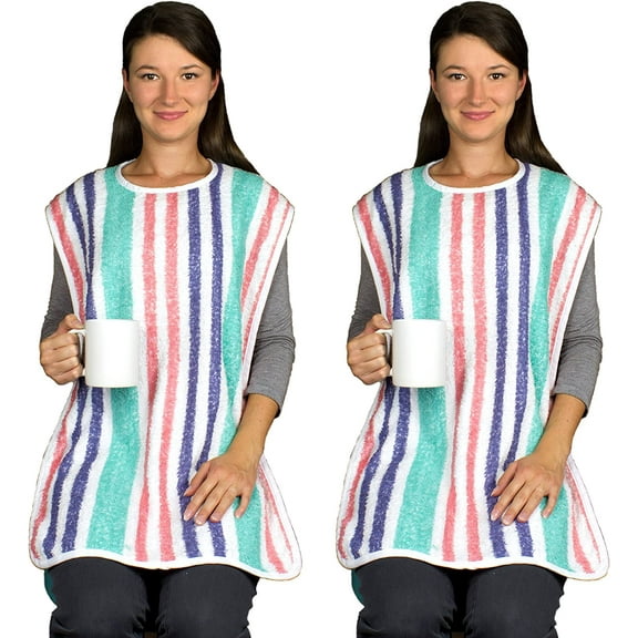 Careoutfit Adult Bib with Velcro Closure - Long Length - Multicolored Pink, Purple, Green Bay Stripe - 2 Pack
