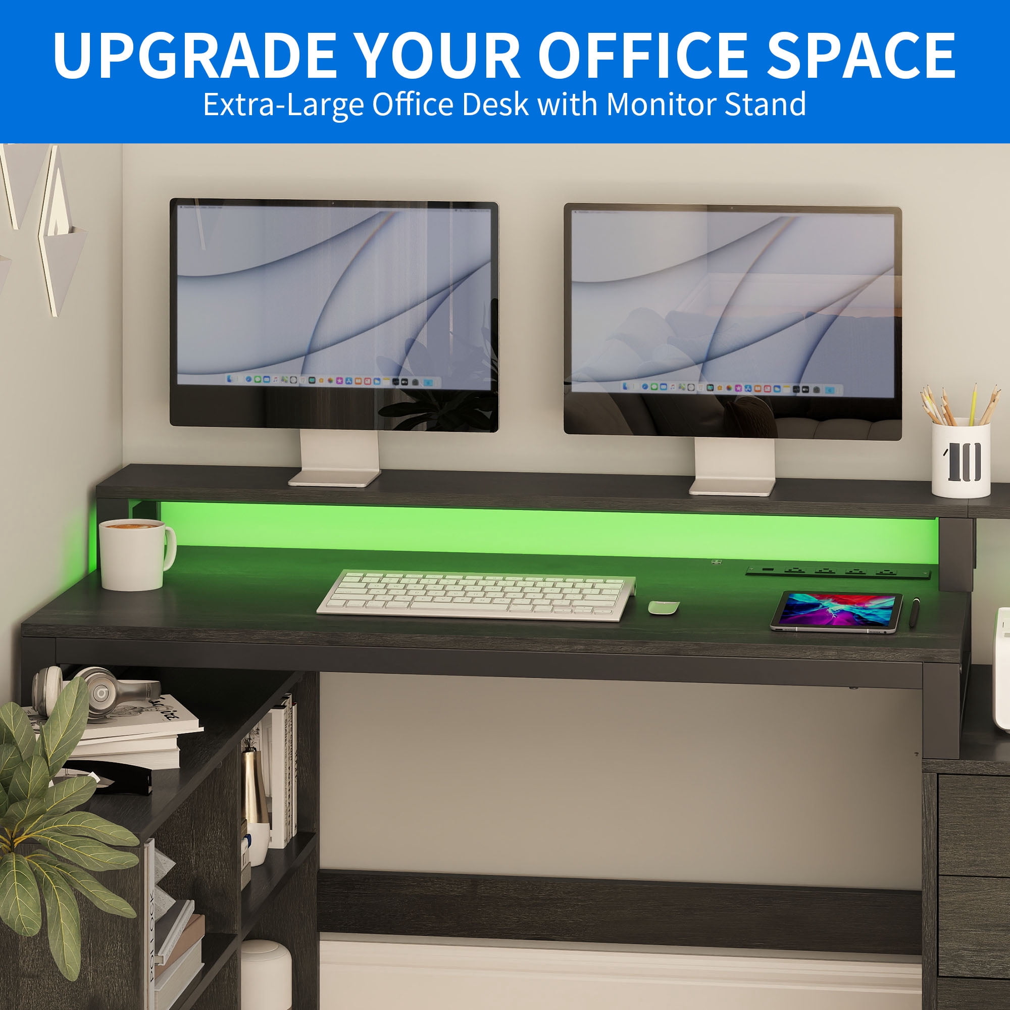 Dextrus L-Shaped Desk with USB Ports & LED Light, Modern Computer Desk with Monitor Stand & 3 Drawers,  White