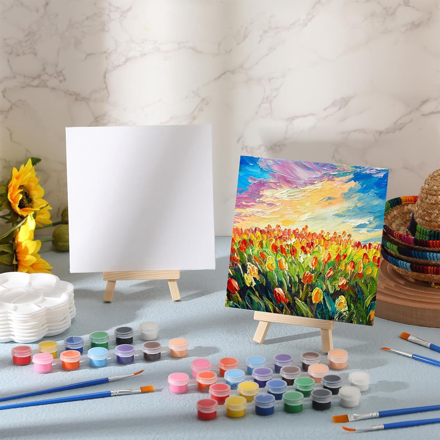 24 Set 6 x 6 Inch Canvas Boards and Easel for Painting, Acrylic Paint Strips, s, Brushes, Canvases Painting Kits for Kids Adults Artists Beginners Oil Acrylic Painting Party Favors