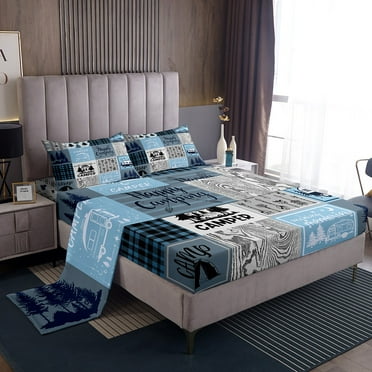 YST Kids Camper Bedding Set Twin Happy Camping Sheet Set Rv Bunk Accessories Bed Sheets For Travel Trailers,Blue Grey Rustic Buffalo Plaid Fitted Sheet   Flat Sheet   1 Pillow Case