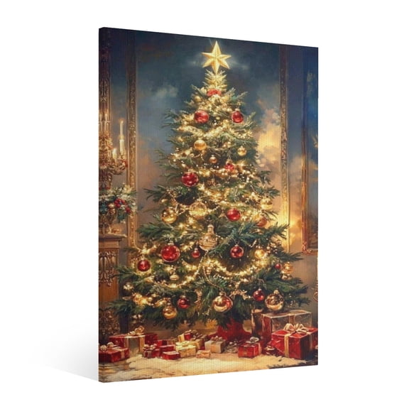 Vintage Christmas tree decoration scene Wall Art Paint Framed - Retro Xmas Festive Winter Holiday Christmas Wall Decor Canvas Print for Living Room Kitchen Bathroom Home Bedroom Decor