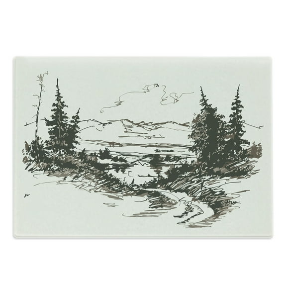 Landscape Cutting Board, Hand Drawn Landscape Sketch Trees and Mountains Wild Quiet Nature, Decorative Tempered Glass Cutting and Serving Board, in 3 Sizes, by Ambesonne