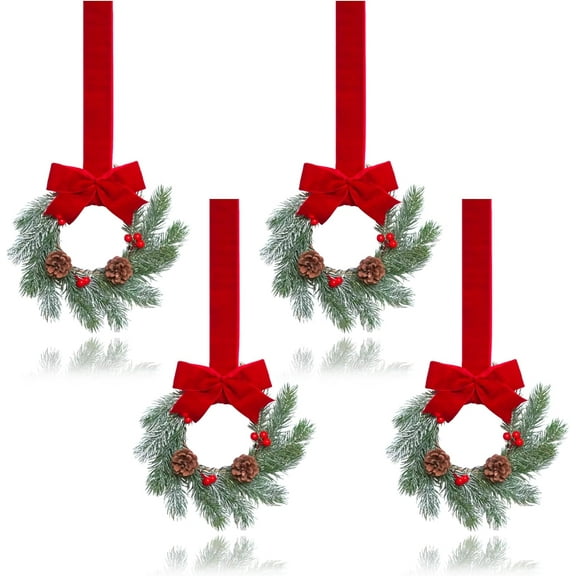 Guvpev 4PCS Small Christmas Wreath with Red Ribbon, 9 Inch Mini Wreaths for Cabinet, Small Wreaths for Kitchen Cabinet Window Chair Fireplace Farmhouse, Christmas Kitchen Decor