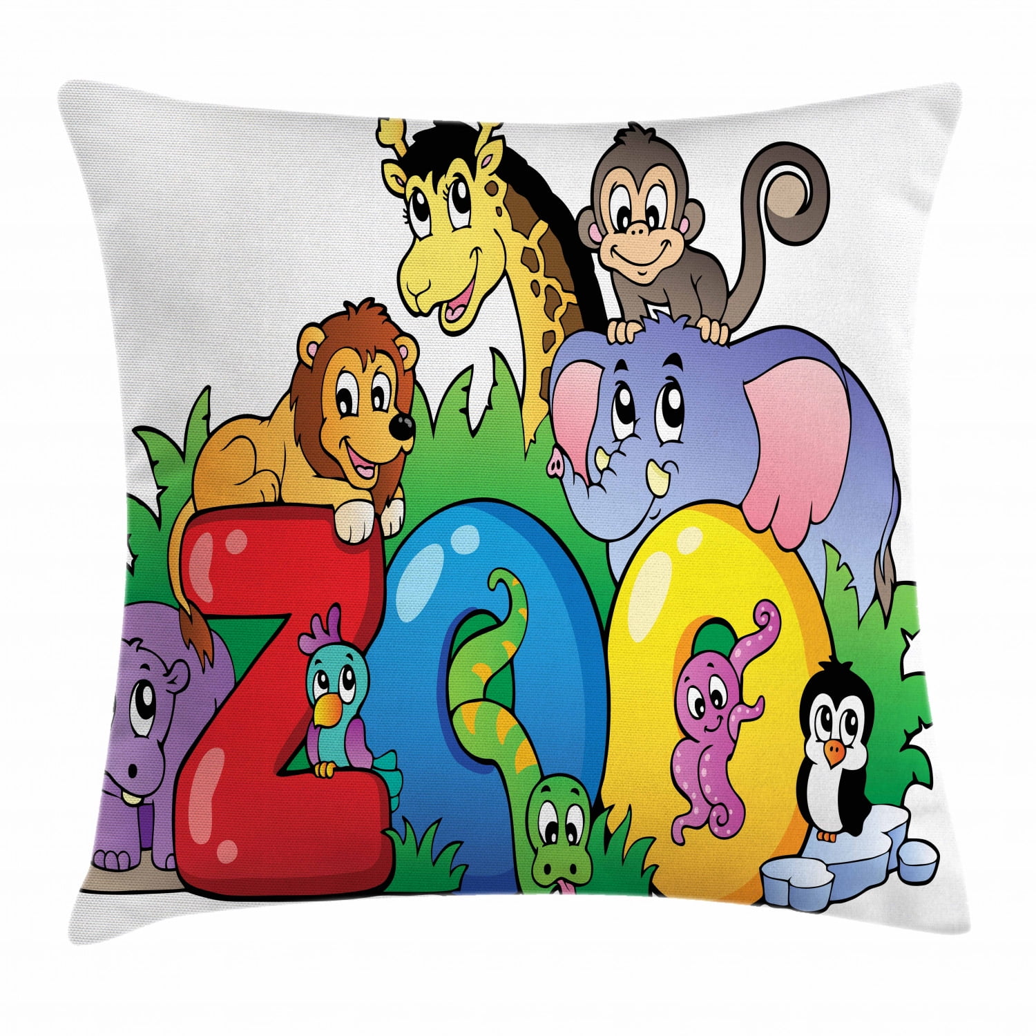 Zoo Throw Pillow Cushion Cover, Zoo Sign with Various Animals Mascot