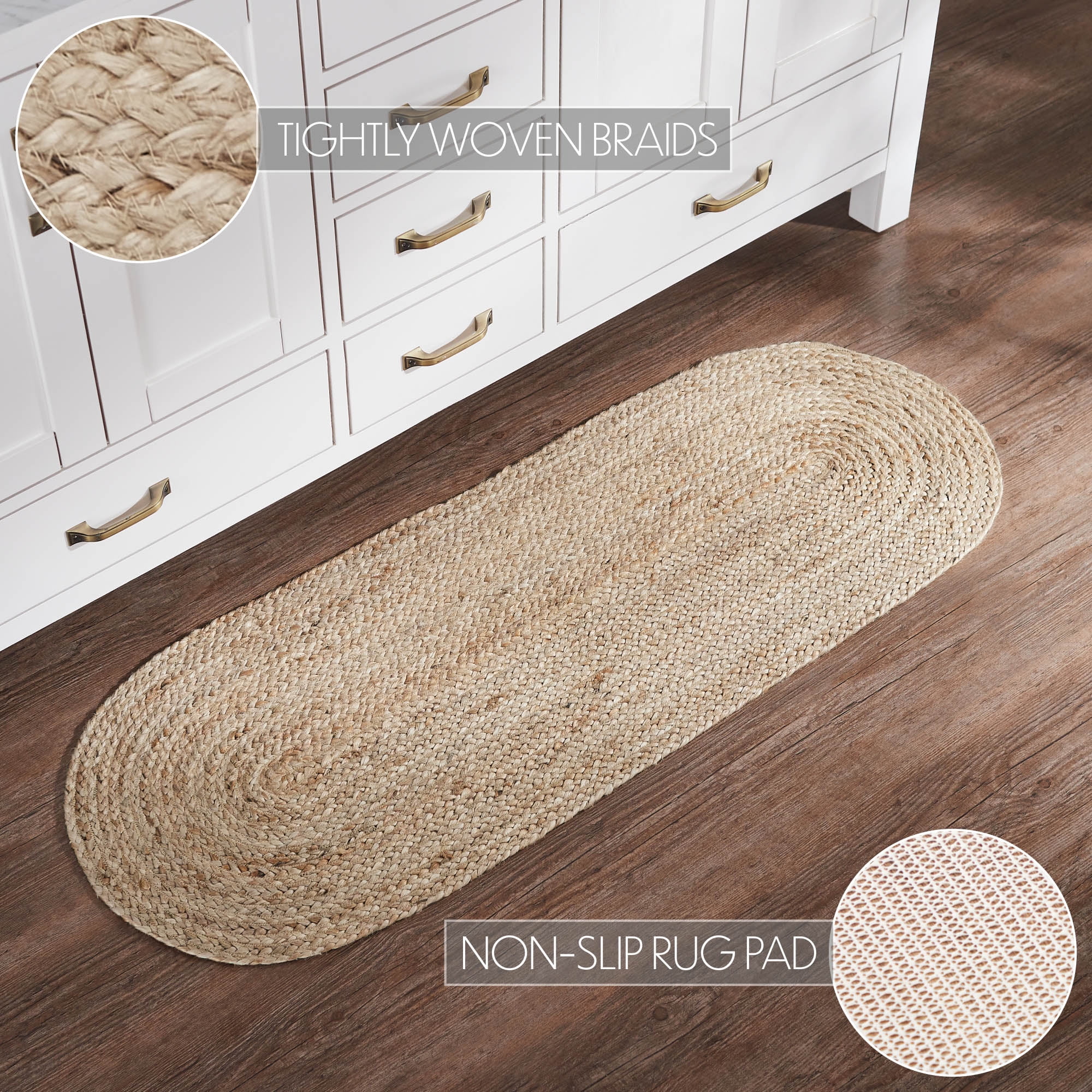 VHC Brands Jute Rug 17x48 w/Pad, Jute Area Rug, Accent Rug, Floor Decor, Braided, Natural Jute Collection, Oval 17x48, Natural
