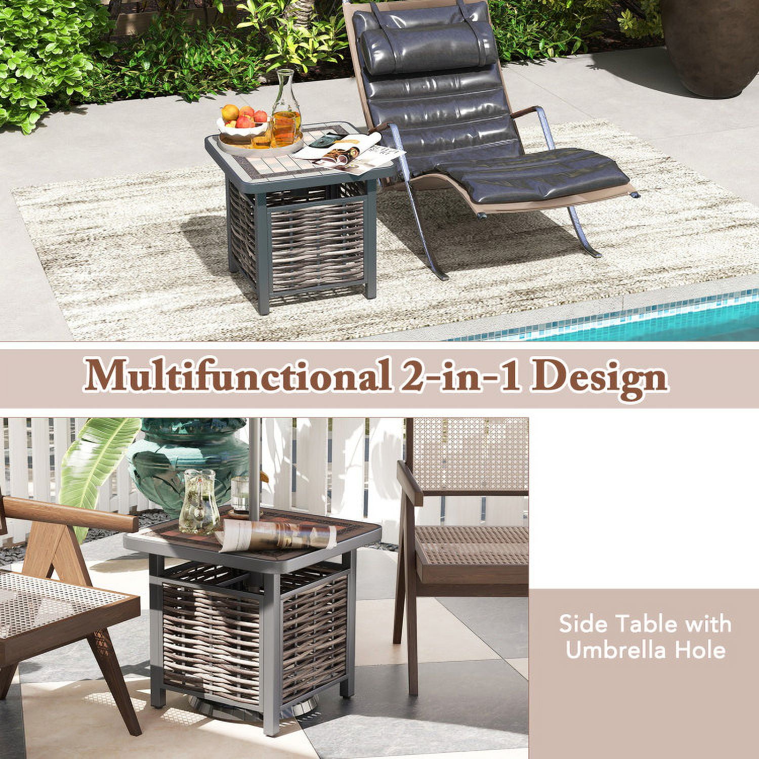Barara King 21.5 Inches Outdoor PE Rattan Side Table Square End Table with Umbrella Hole