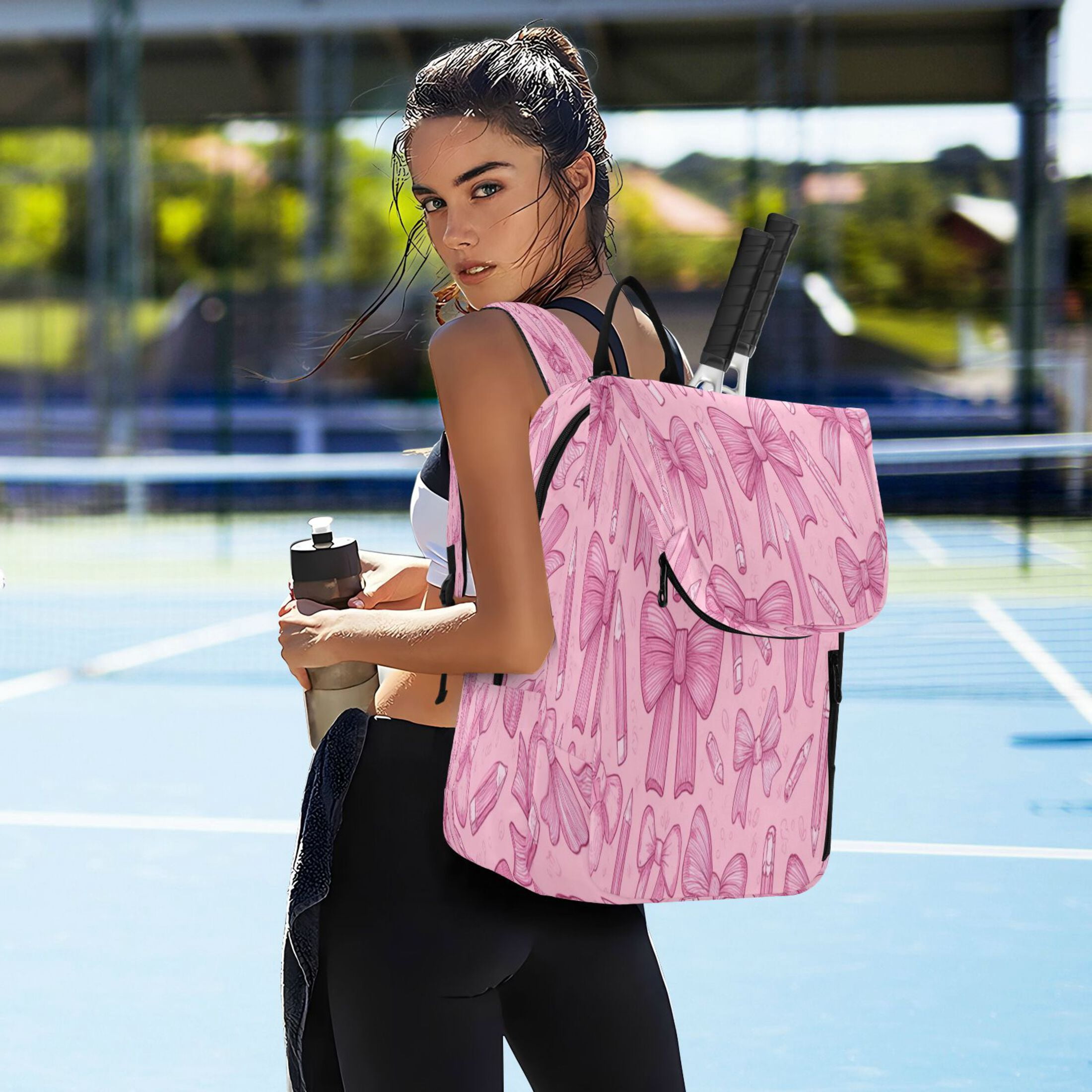 2 Racquet Holder Tennis Backpack Tennis Racket Covers Gym Bags Pink Bows and Pencils