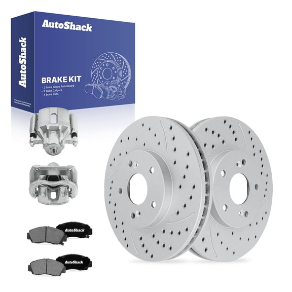 AutoShack Front Vented Drilled & Slotted Coated Brake Rotors Silver Matte Finish   Ceramic Pads   Calipers 8-PC Brake Kit Replacement for 2003-2009 Honda Accord TurboGuard 11.81" (300 mm)