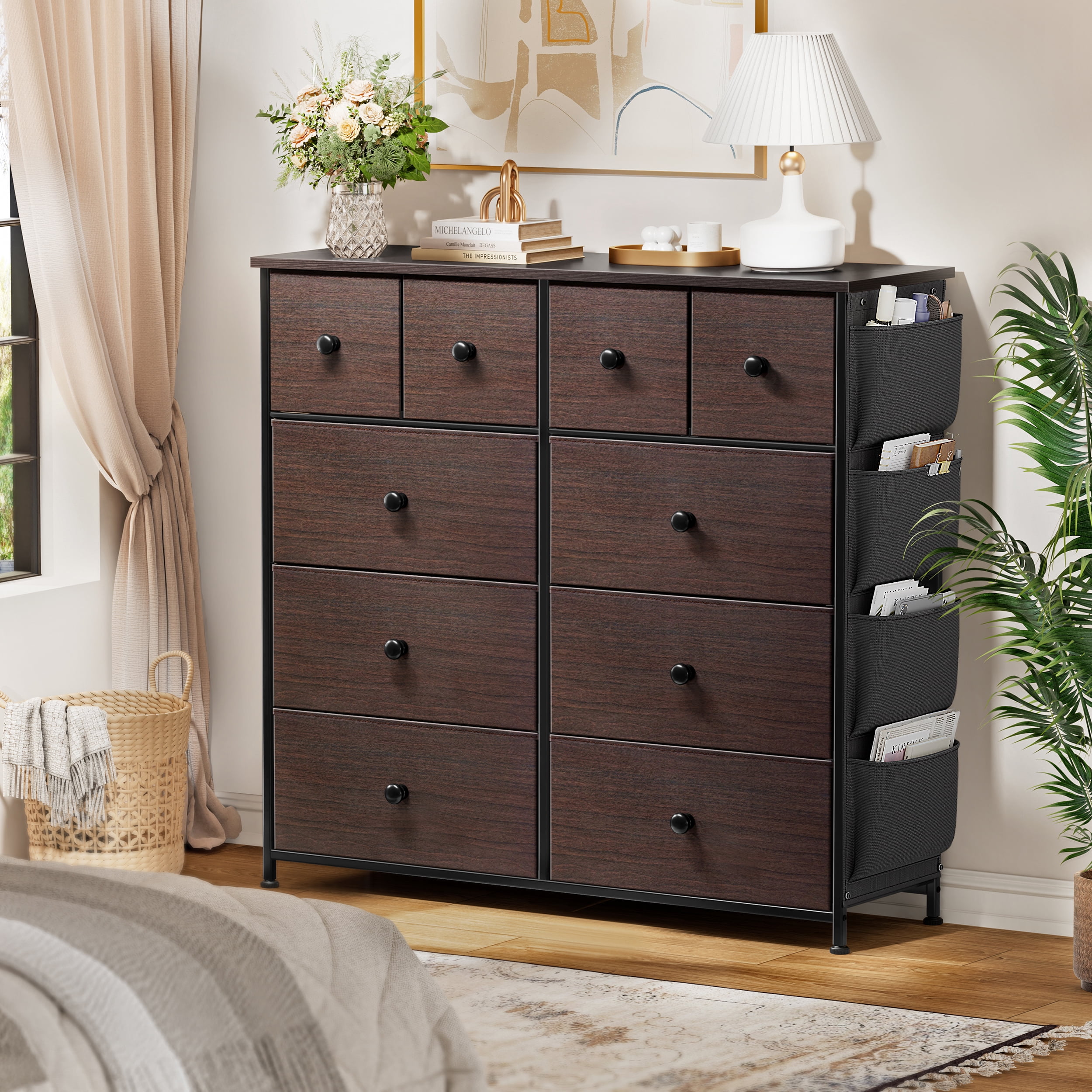KOUSEI 10 Drawer Dresser,Fabric Dressers for Bedroom,Chest of Drawers with 4 Side Pockets,Storage Drawers,Brown
