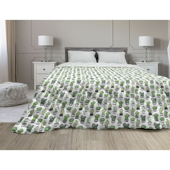 Cactus Down Alternative Comforter, Flamingos and Sleeping Plants in Pots Cartoon Pattern Tropical Bird, Microfiber Quilt for All Season, 5 Sizes, Multicolor, by Ambesonne