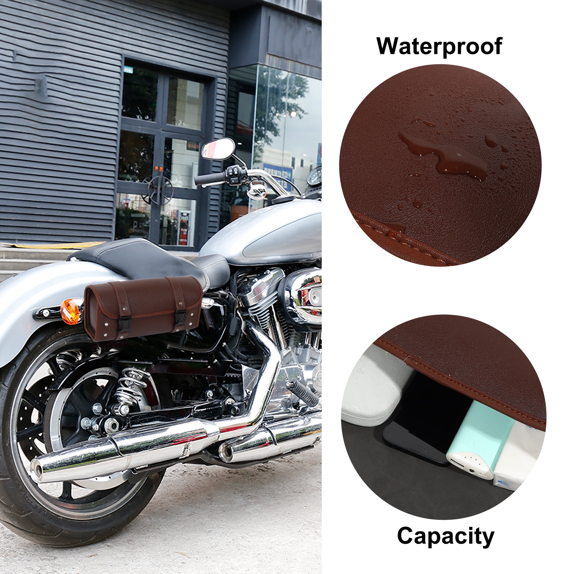 Unique Bargains Motorcycle Tool Bag Waterproof PU Leather Brown 11.81"x5.12"