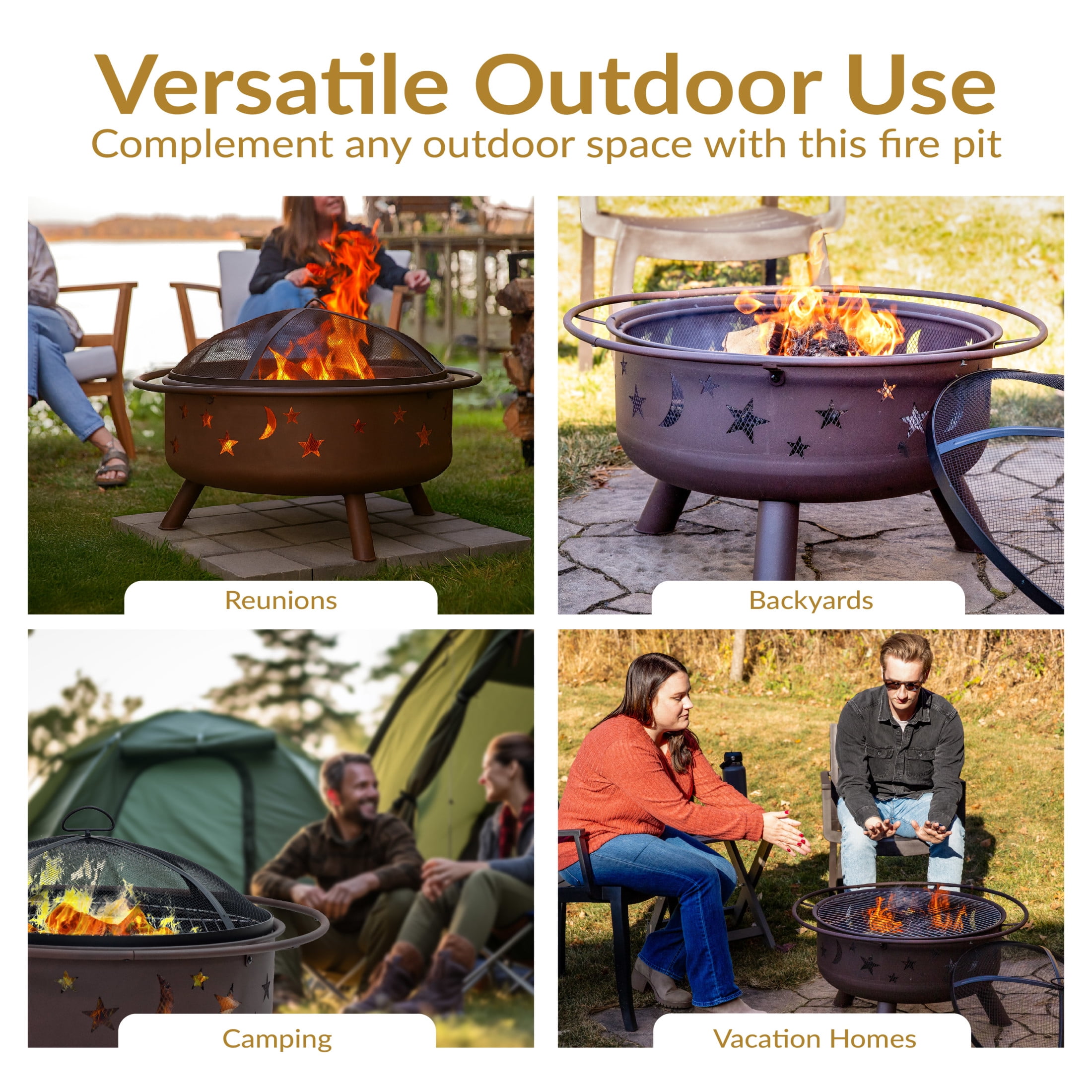 Sunnydaze Cosmic 30" Round Wood-Burning Brown Finish Steel Fire Pit with Cooking Grate