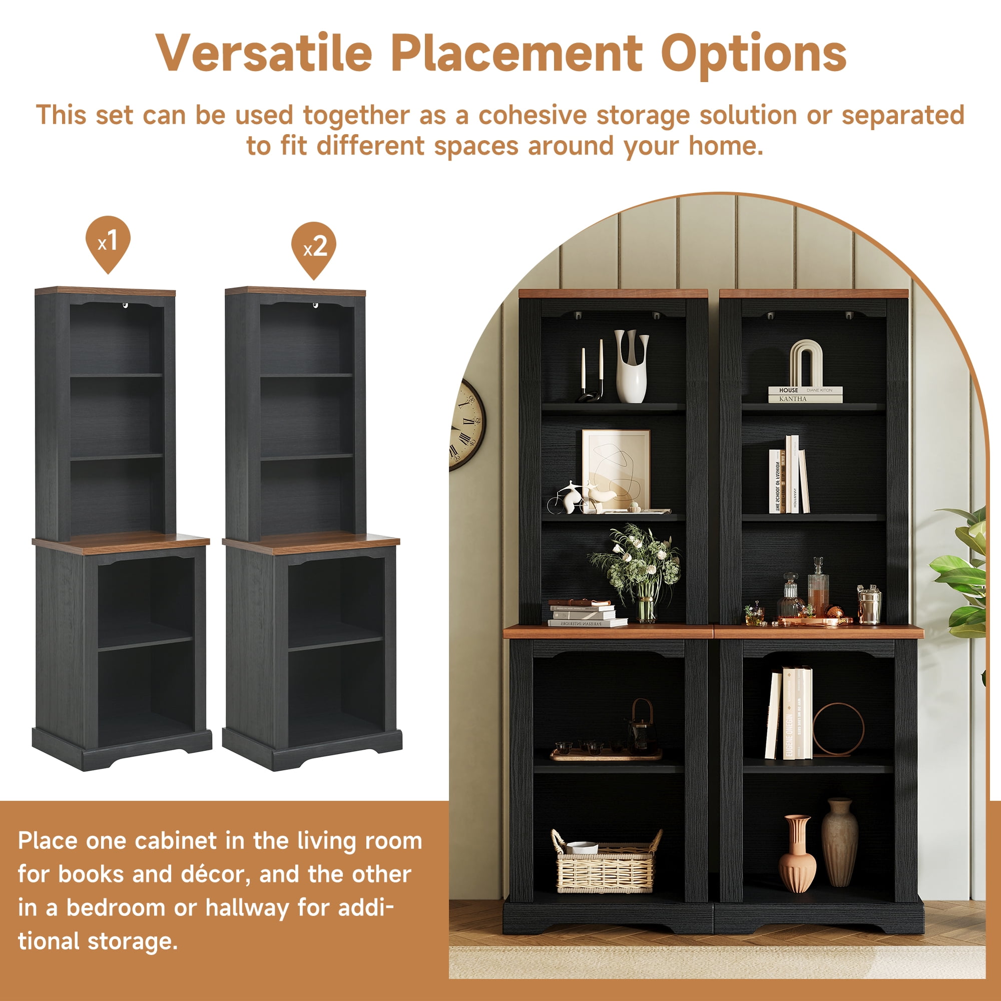 Miniyam 21" x 15" x 66" 2-Piece Freestanding Tall Cabinet with Fully Open Storage, Bookshelves with Curved Design, Display Bookcase with Anti-Tip Device, Black