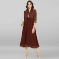 thumbnail image 3 of Janasya Indian V-Neck 3/4 Sleeve Gold Print Brown Poly Crepe Kurta For Women, 3 of 8