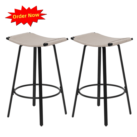 Tcbosik 2 Pack Handwoven Bar Stools, Modern Counter Height Barstool with Metal Frame, PVC Weaving Bar Chair for Dining Room, Kitchen, Creamy White