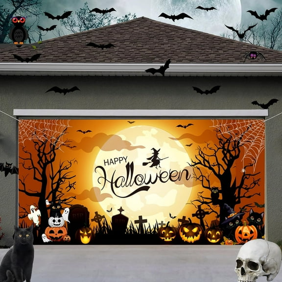 13X6 ft Happy Halloween Garage Door Decoration Background Pumpkin Black Cat Ghost Castle Backdrop Decor for Halloween Indoor Outdoor Child Kids Cool Halloween Theme Party Decor Banner Cover