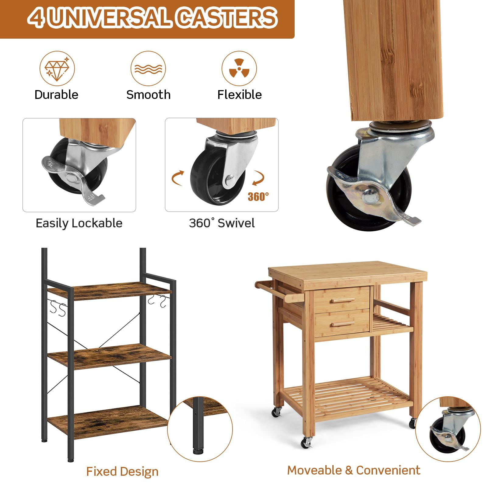 Giantex Bamboo Kitchen Island Cart Trolley, 3-Tier Rolling Kitchen Cart w/ 2 Drawers, Open Shelves, Towel Rack, Kitchen Serving Storage Cart for Kitchen, Dining Room, Living Room, Natural