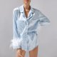 thumbnail image 1 of Conjunto de pijamas de 2 piezas para mujer, camisas de manga larga con puños de plumas lisas/de retazos, Tops + Pantalones cortos, ropa suelta para dormir/estar en casa, 1 of 4