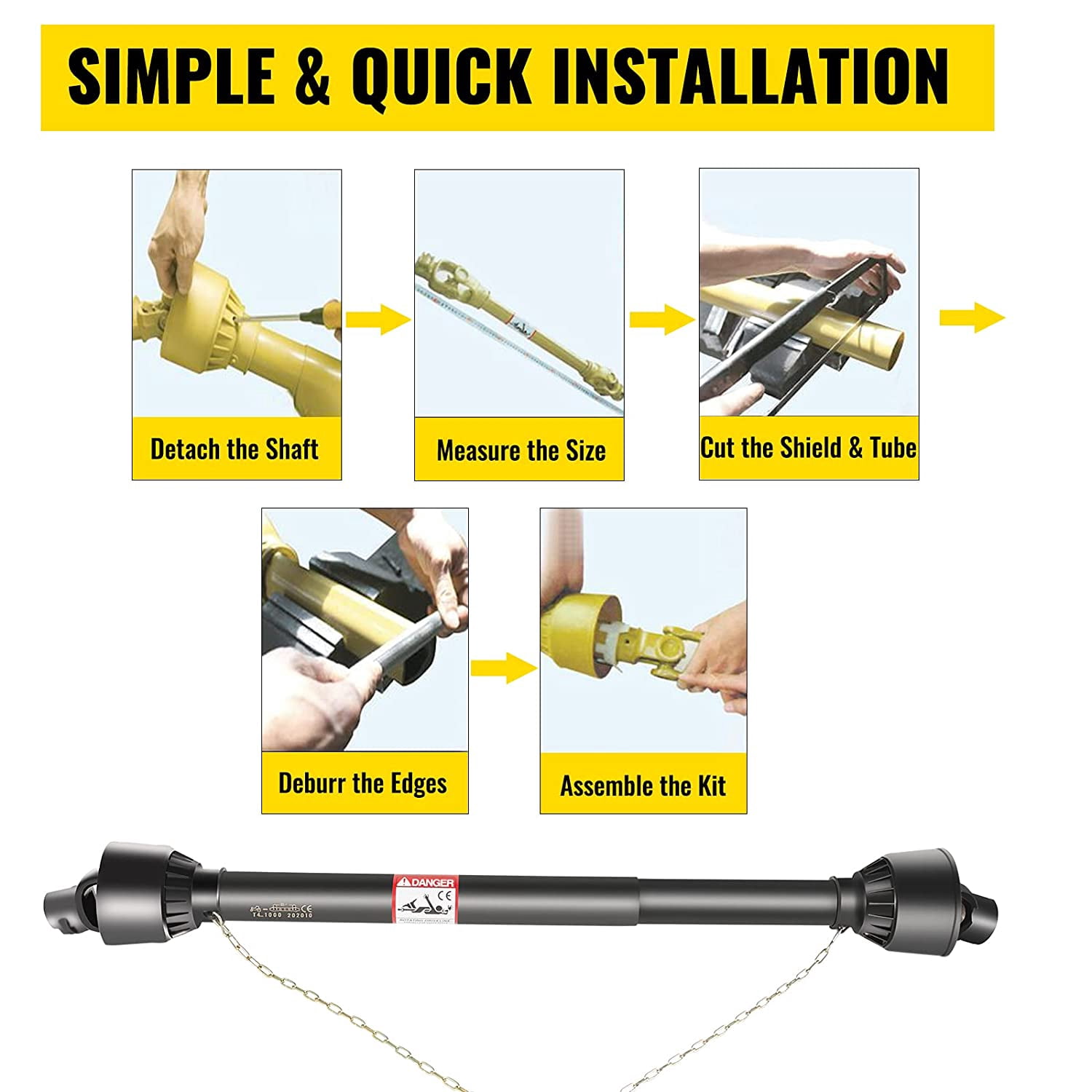 VEVORBrand PTO Shaft, 1-3/8" PTO Drive Shaft, 6 Spline Tractor, Round Implement Ends PTO Driveline Shaft, Series 4 Tractor PTO Shaft, 43"-61" Brush Hog PTO Shaft Black, for Finish Mower, Rotary Cutter