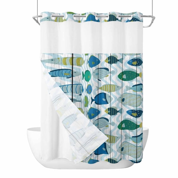 Blue Fishes No Hook Shower Curtain with Snap in Liner, Waterproof Fabric Shower Curtains, Cartoon Coastal Ocean Fish Striped Wooden Shower Curtain Set Top See Through for Bathroom 60"x72"