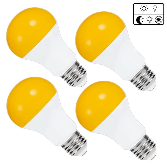 LED Bug Light Bulb Yellow Color Bulb, 6 Watt (60W Equivalent) E26 A19 Amber Bedroom Night Light Bulb Bugs Free Bulbs, 4 Pack