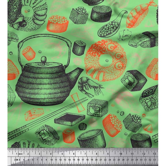 Soimoi Crepe Silk Fabric Grains,Kettle & Prawns Food Printed Craft Fabric by The Yard 42 Inch Wide