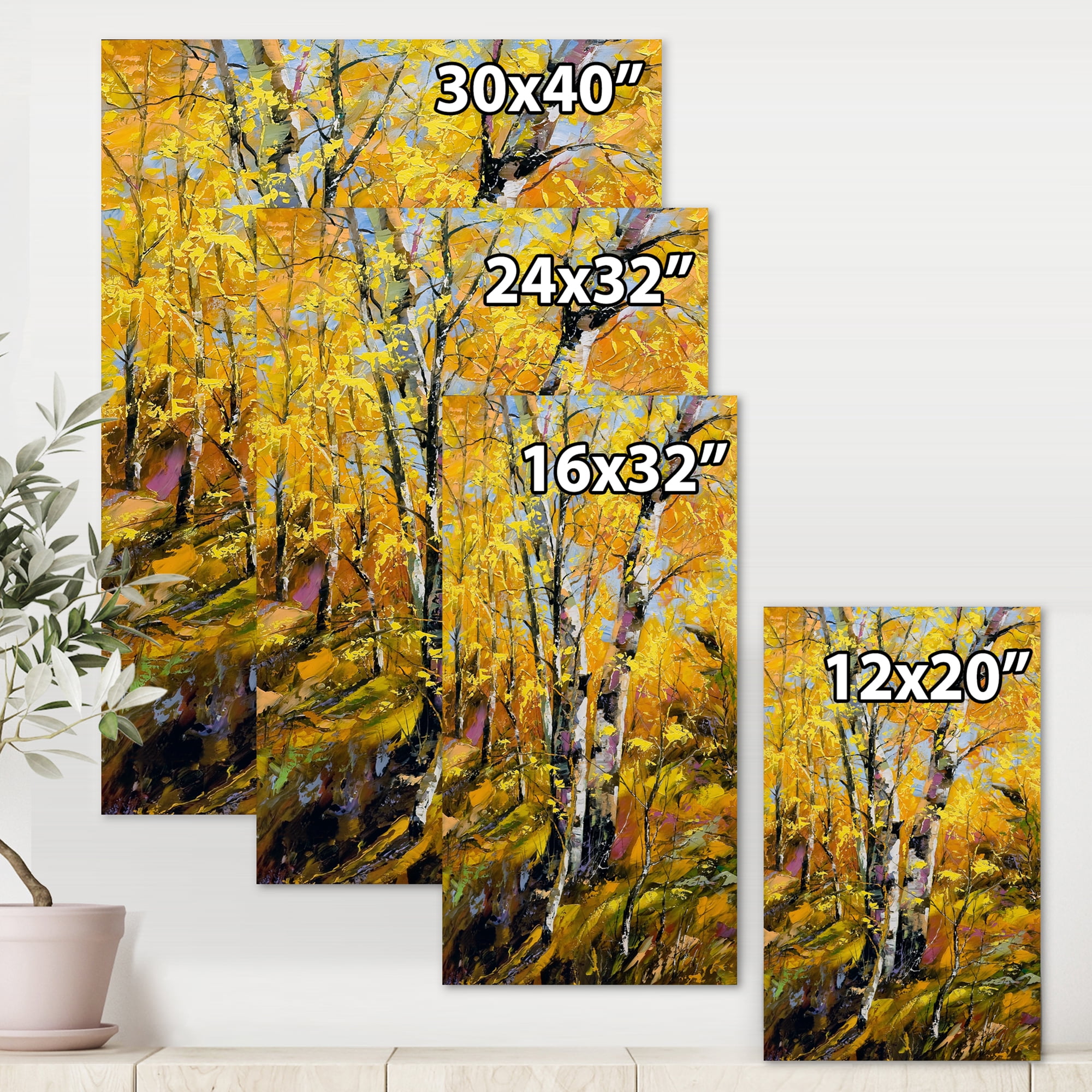 Designart ' Birches In Yellow Autumn Wood Forest ' Country Canvas Wall Art Print