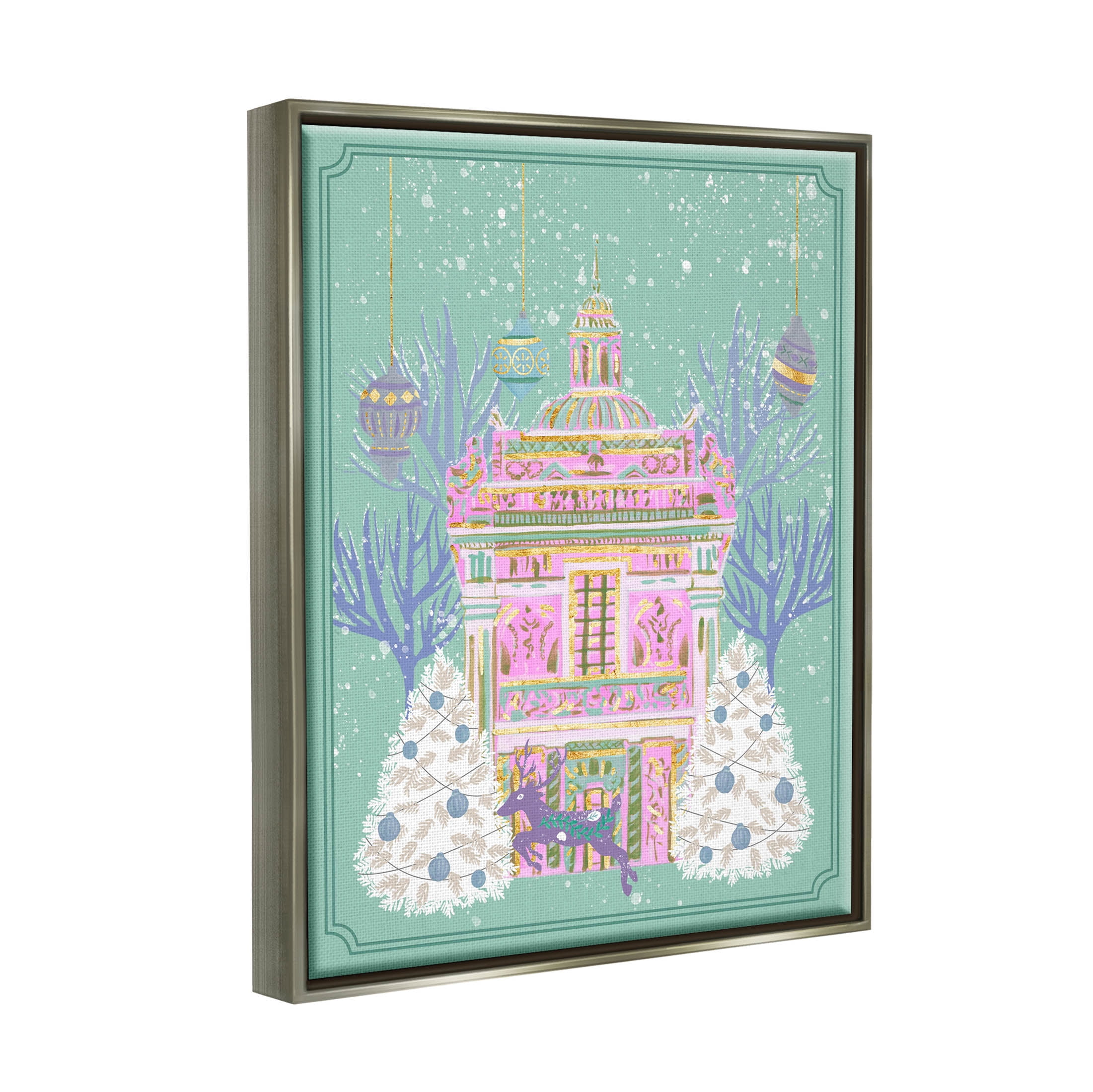 Stupell Industries Pink Ornate Christmas Building Graphic Art Luster Gray Floating Framed Canvas Print Wall Art, Design by Melissa Wang