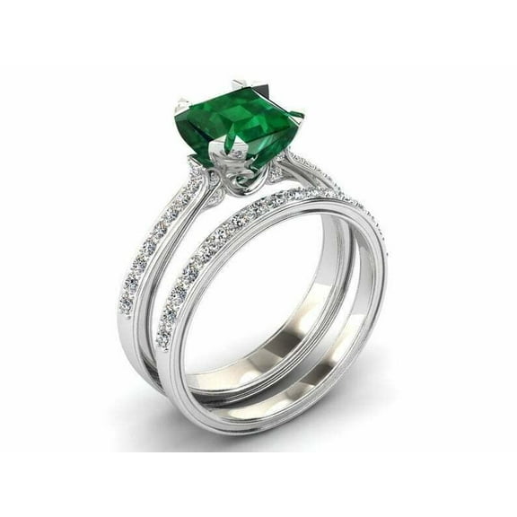 HeartsAndYou 2ct Natural Emerald Diamond Bridal Set Band Engagement Ring 14k SOLID White Gold